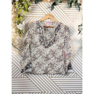 Rachelle Women's Silk Blouse Brown Lace Trim Paisely Boho Y2K Size XS/S NEW